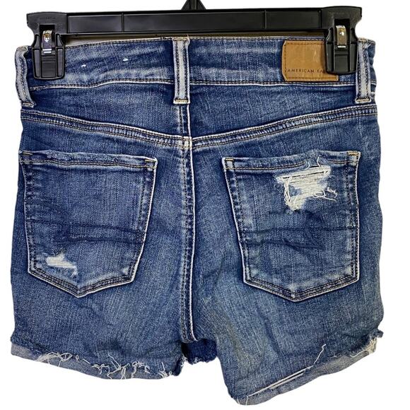 American Eagle Hi Rise Shortie Distressed Blue Denim Cut Off Shorts Size 0 - Picture 2 of 5